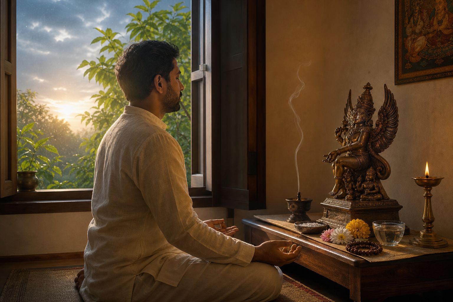 A worshipper meditates before a small winged Sharabha image on a home shrine as dawn light enters through an open window.