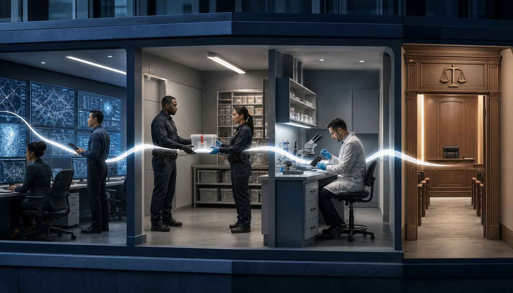 Analysts, field officers and a forensic specialist pass evidence through connected workspaces leading toward a courtroom doorway.