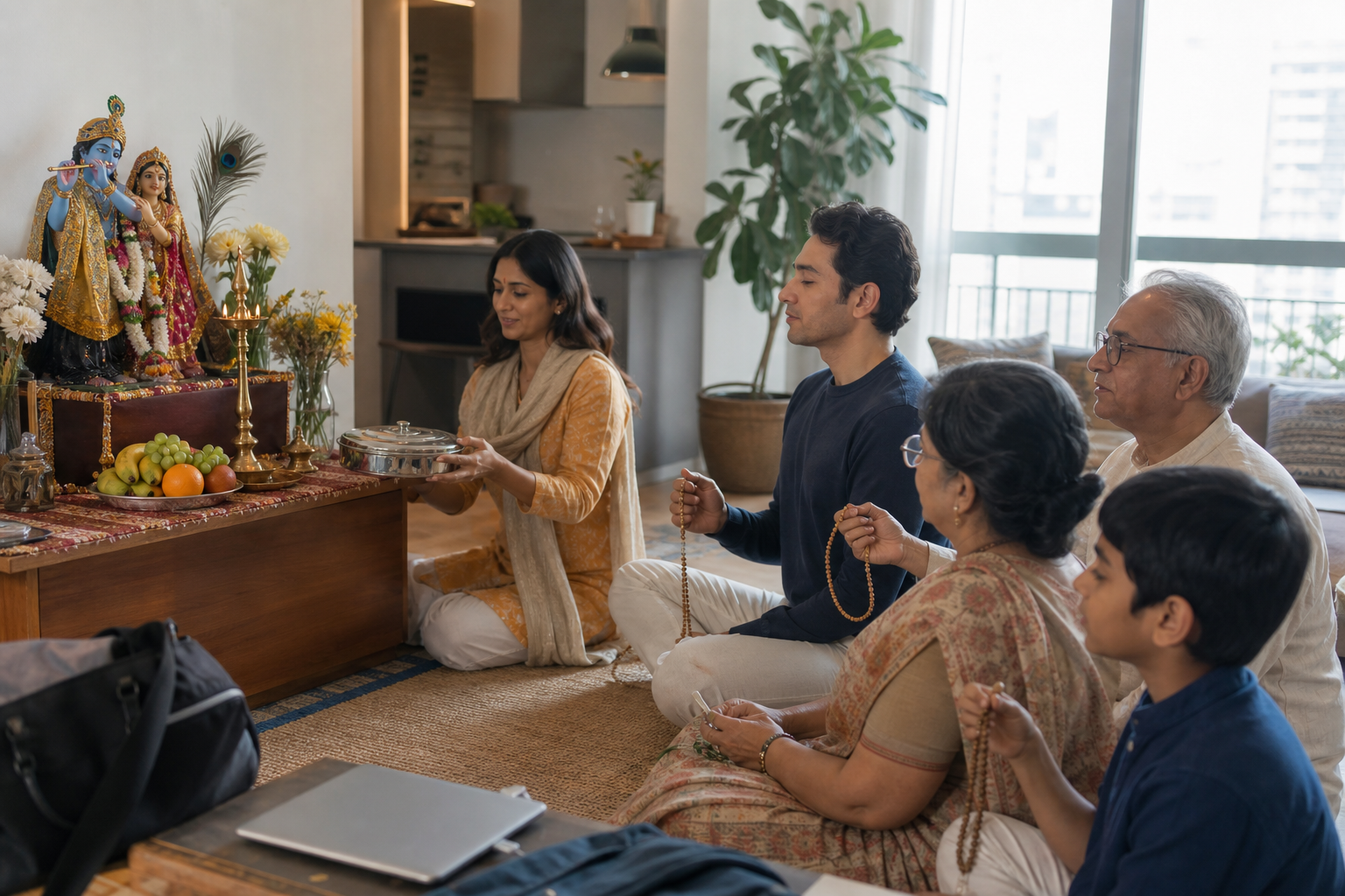 A diverse family chants on prayer beads beside a flower-decorated Radha-Krishna home altar in a modern apartment.