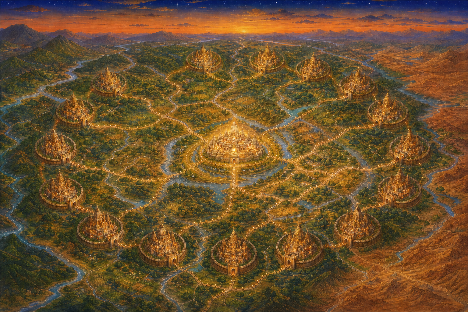 An aerial imagined landscape shows sixteen walled shrine-cities connected by roads and waterways around a luminous central sanctuary.
