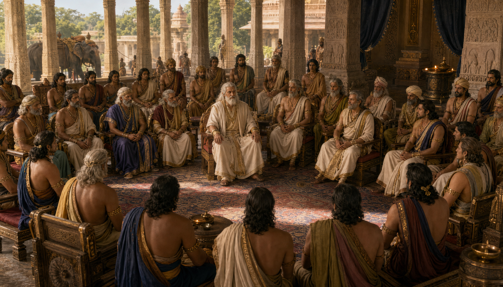 An elderly Kuru king sits among senior nobles, younger princes, counselors, and warriors in a pillared royal assembly hall.