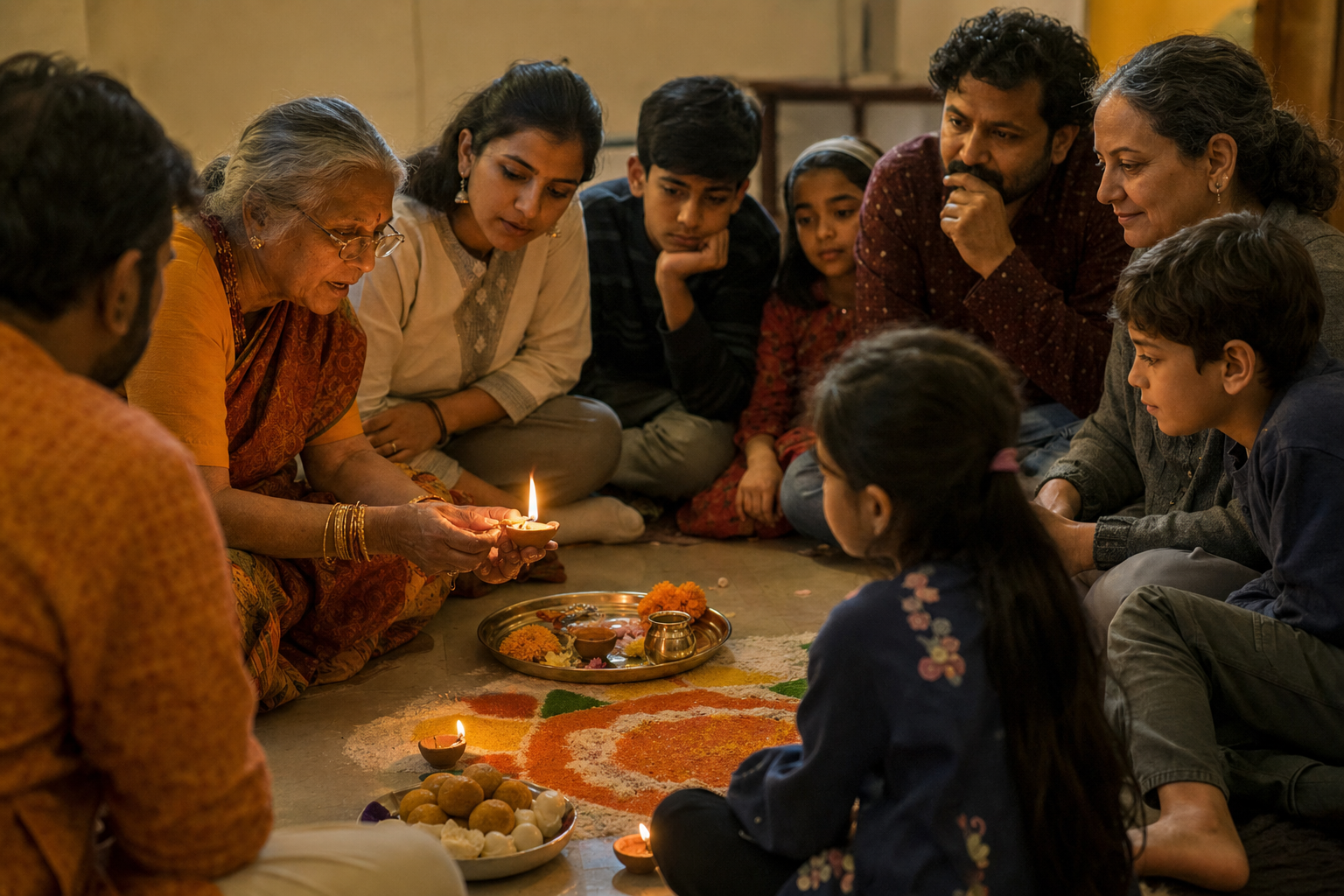 An elder and a younger educator demonstrate lighting a clay lamp to a multigenerational group in a community hall.