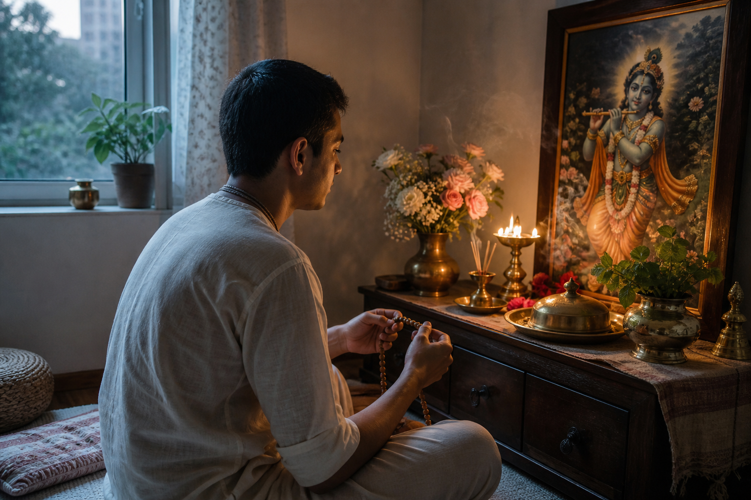 A devotee chants on wooden prayer beads while seated before a small Krishna altar at dawn.