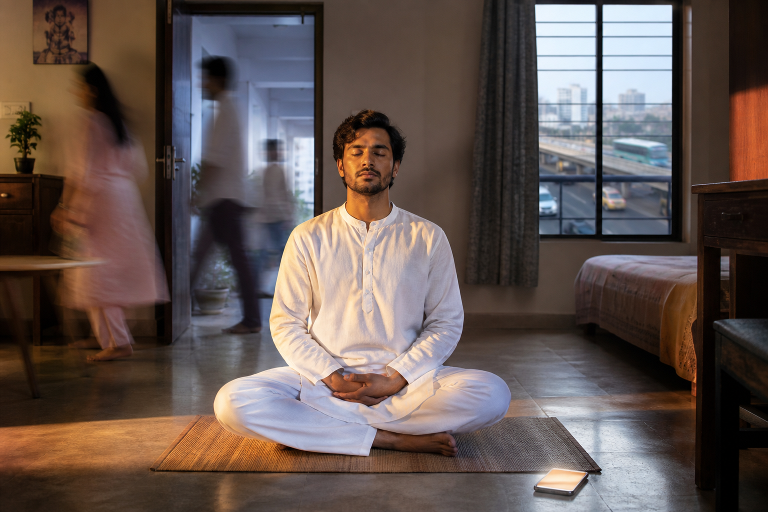 A meditating man sits calmly in a modest room while family movement and street traffic blur around him.
