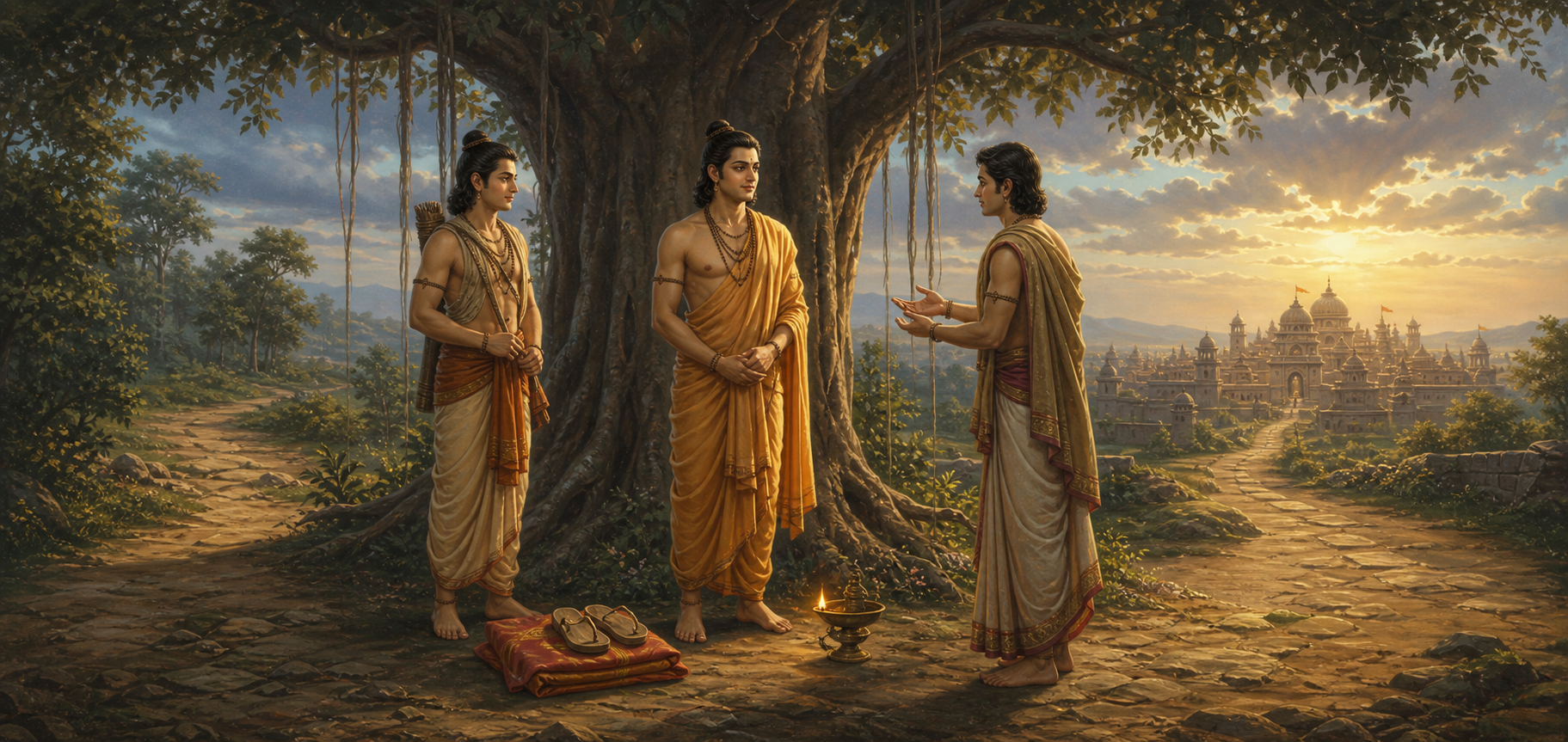 Rama, Bharata, and Lakshmana meet beneath a banyan tree between a forest path and a distant royal city, with wooden sandals resting nearby.