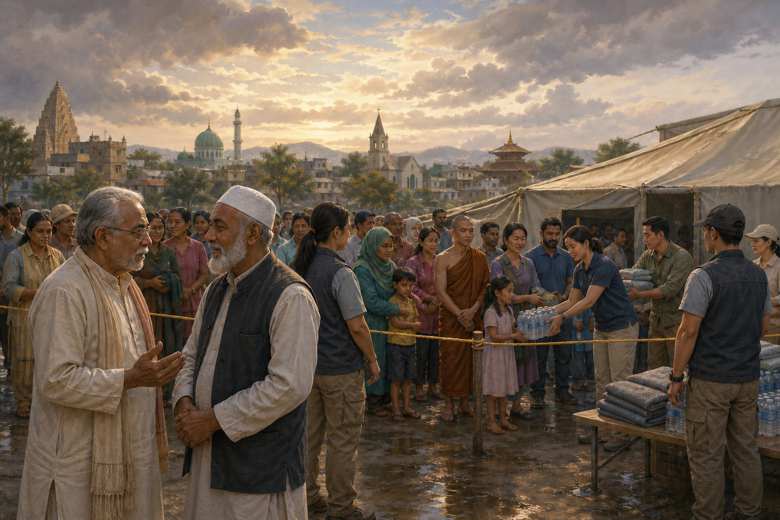 Civil responders and volunteers protect and assist families from several faith communities in a shared neighborhood after a period of tension.