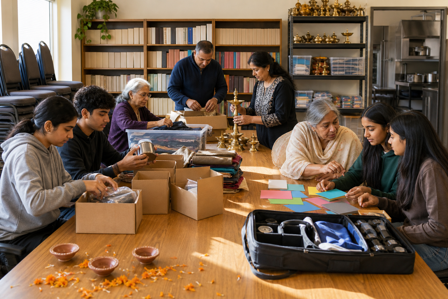Volunteers of different ages assemble food parcels, organize supplies, and mentor teenagers in a community center after Diwali.