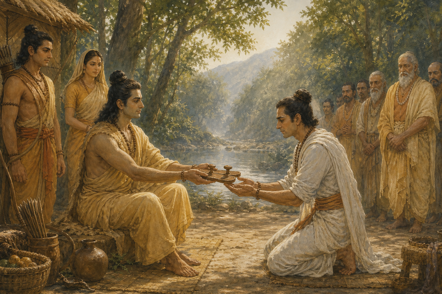 Bharata kneels in a forest clearing to receive Rama's wooden sandals while Sita, Lakshmana, and elders look on.