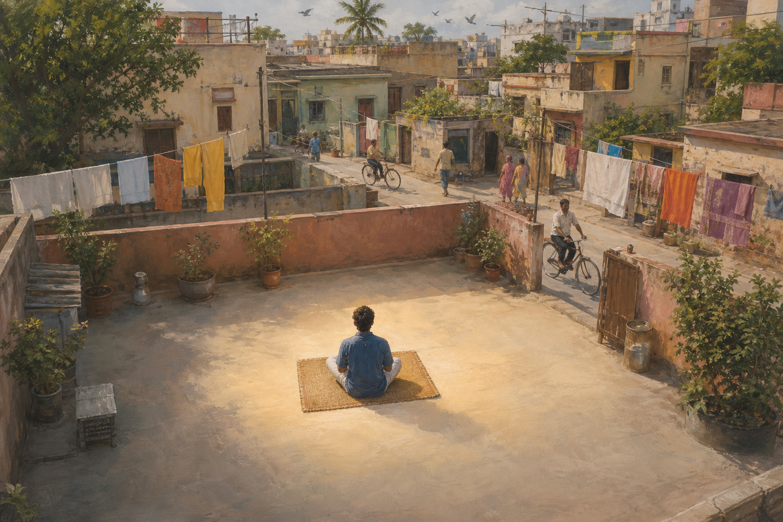 A person meditates in a sunlit courtyard while neighbors, bicycles, laundry, and birds create activity around the space.
