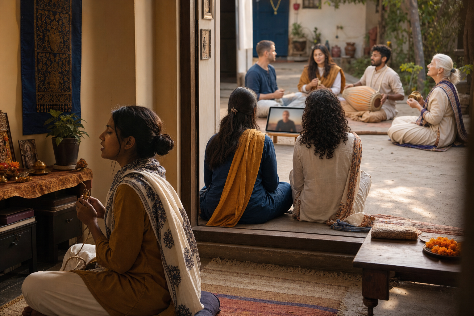 Devotees chant at home, listen to a class on a tablet, and gather for kirtan in connected domestic spaces.