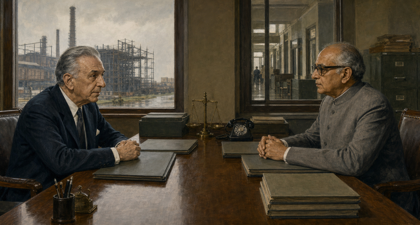 J. R. D. Tata and P. N. Haksar face each other across a government-office table covered with unmarked files, with a factory and bureaucratic corridors visible behind them.