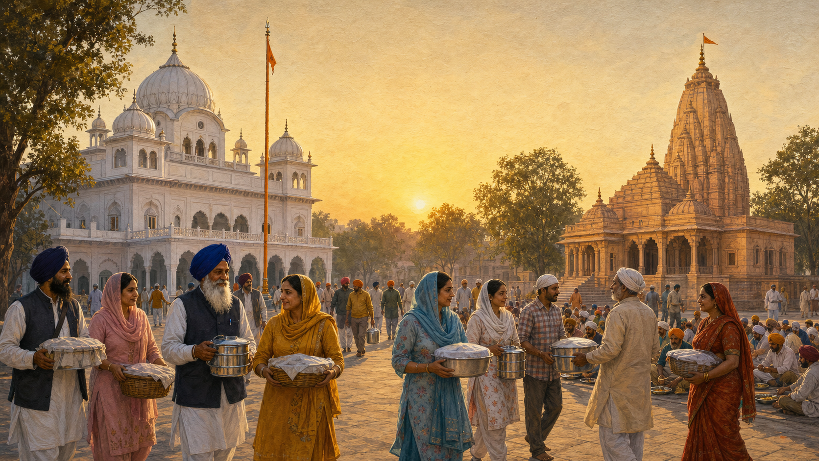 Sikh volunteers and neighbors carry food vessels across a shared courtyard between a white-domed gurdwara and a sandstone Hindu temple.