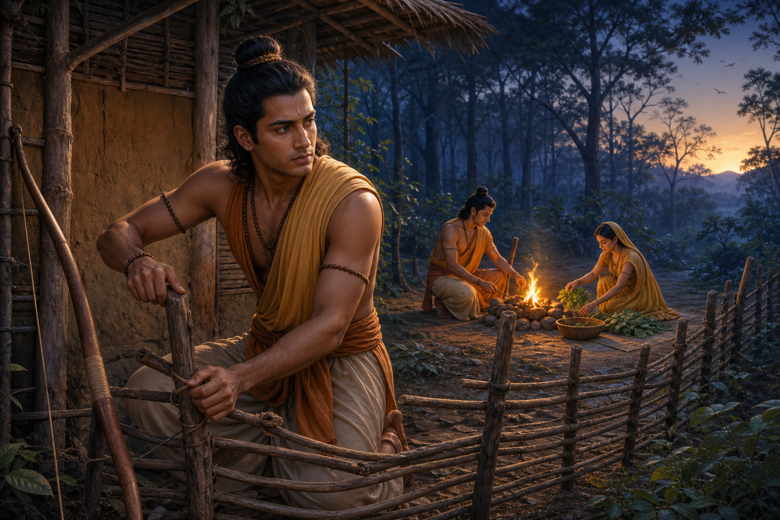 Lakshmana repairs a fence and keeps watch beside a forest hermitage as Rama tends a fire and Sita arranges provisions.