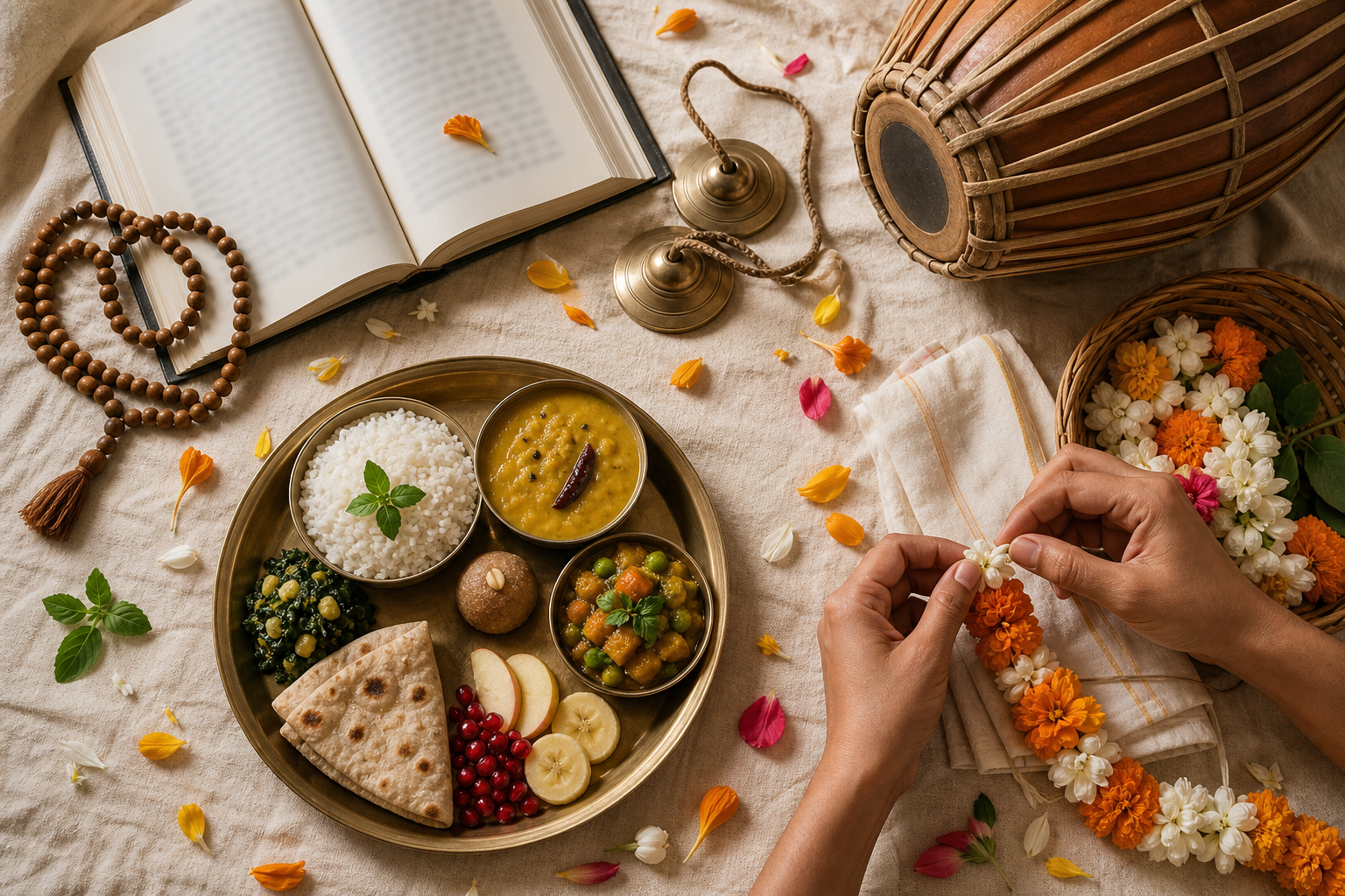 An overhead arrangement shows an open book and beads, kirtan instruments, a vegetarian offering plate, and hands making a flower garland.