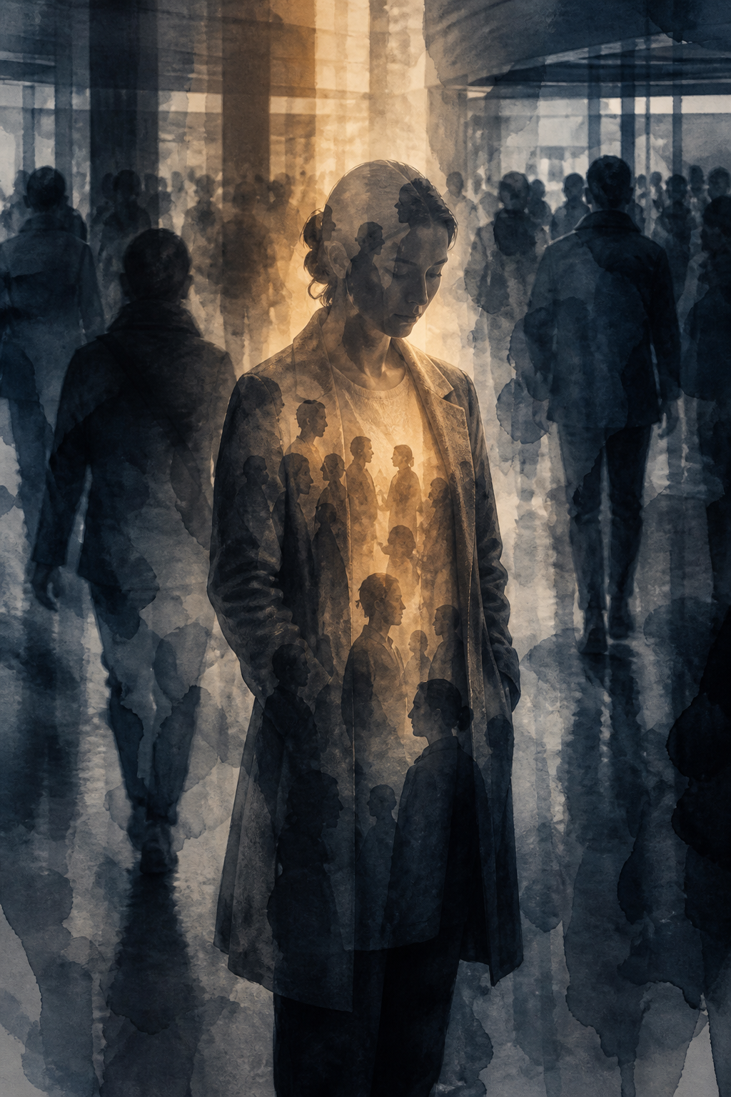 A quiet person stands among layered translucent commuter silhouettes in a crowded transit concourse.