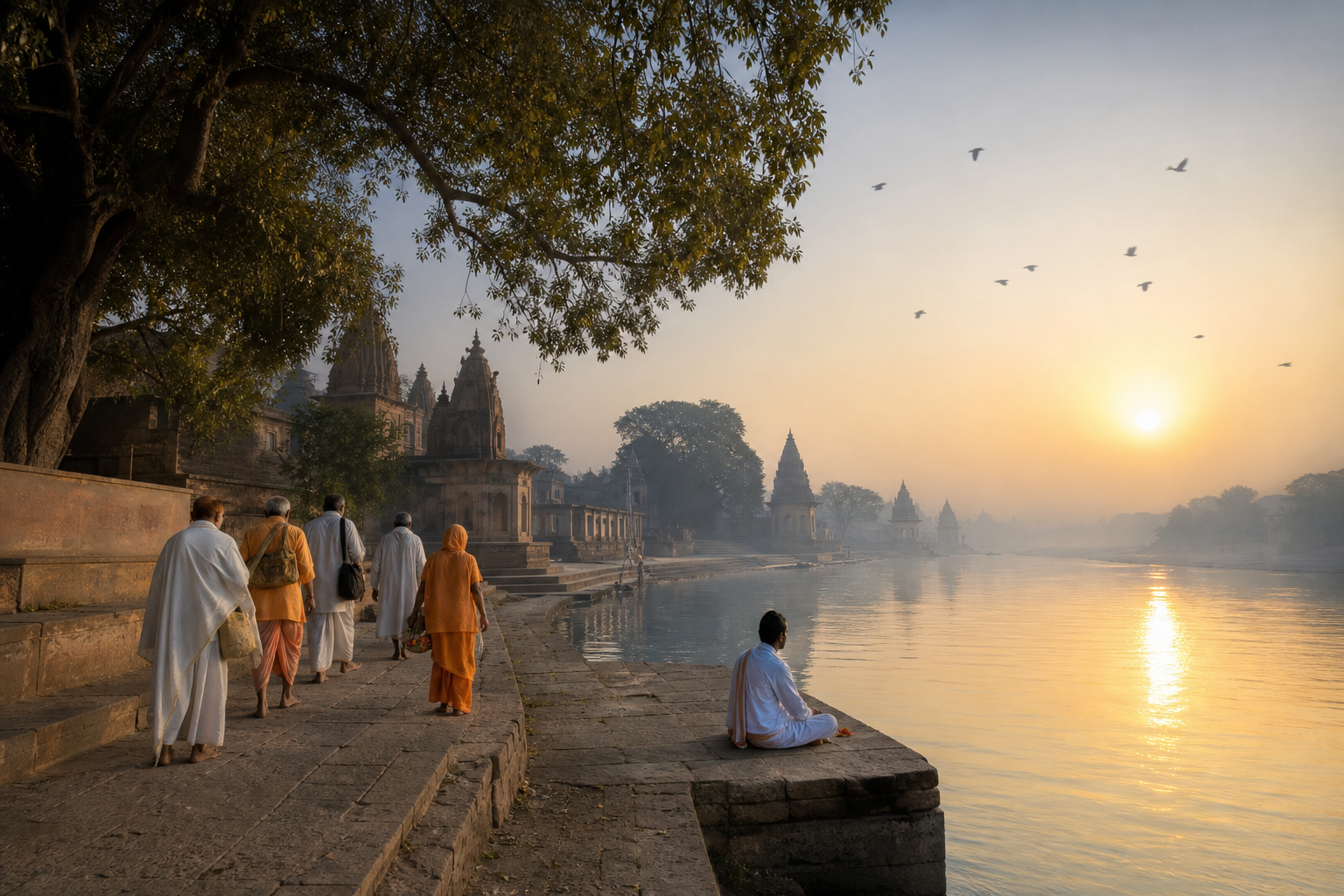 Pilgrims carrying bead bags and flowers walk beside the Yamuna at sunrise as temple silhouettes rise through the mist.