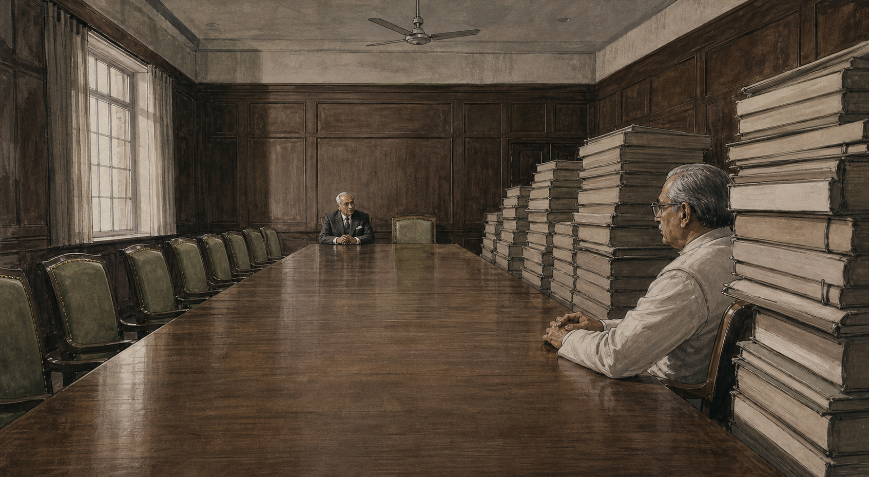 An elderly industrialist sits across a long committee-room table from a policy adviser, surrounded by stacks of unmarked government files and an empty chair.