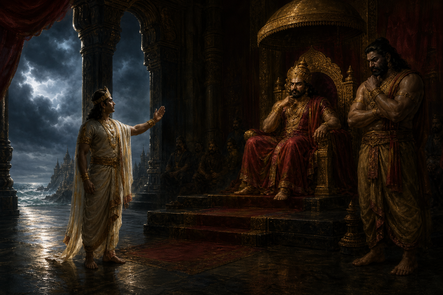 Vibhishana offers counsel before Ravana's throne while Kumbhakarna stands nearby with a troubled expression in the court of Lanka.