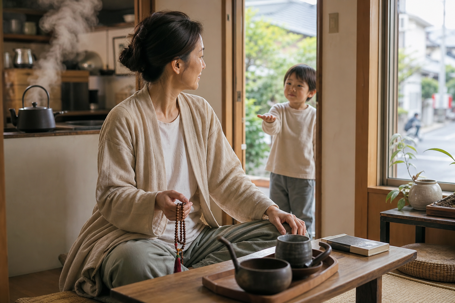 A seated practitioner holding prayer beads turns calmly toward a child who has appeared in the doorway.