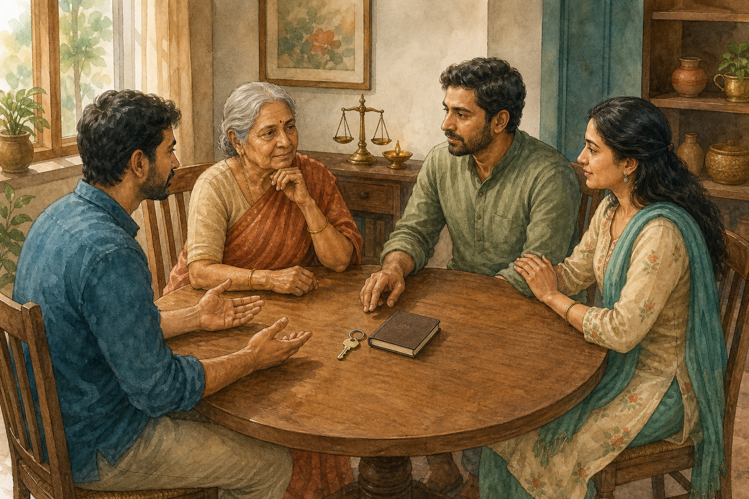 Two brothers and their sister discuss family responsibilities with an elderly parent around a dining table, with a house key and closed account book between them.