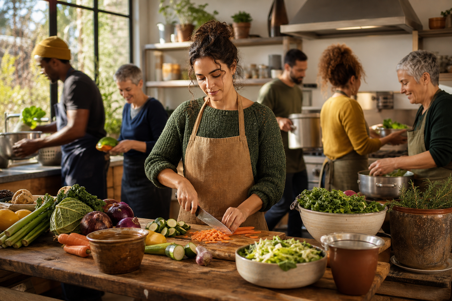 A calm person chops vegetables in a busy community kitchen while other people cook and wash dishes nearby.