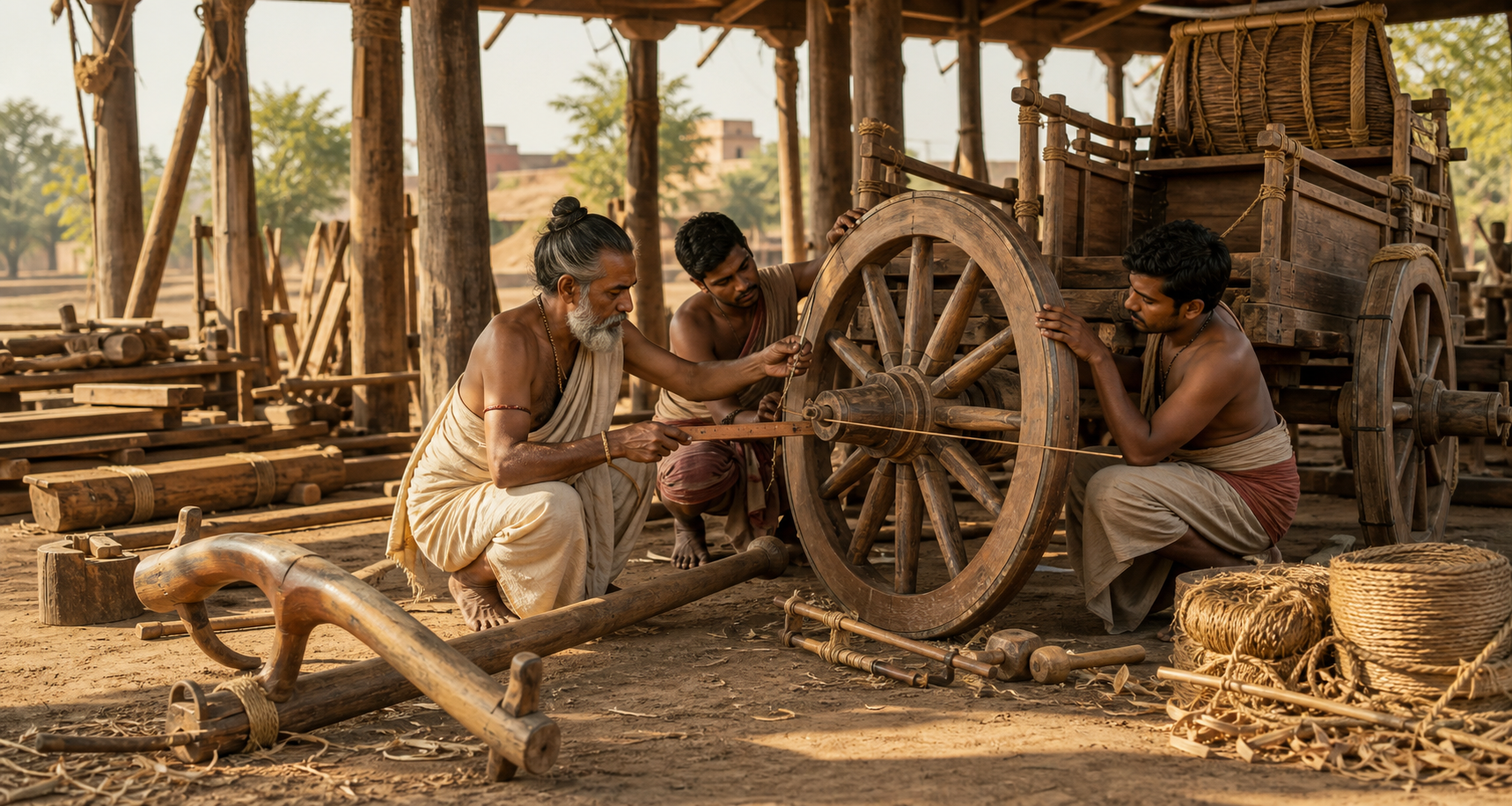 An ancient Indian chariot maker and two assistants fit a spoked wooden wheel onto an axle in an open workshop surrounded by hand tools and chariot parts.