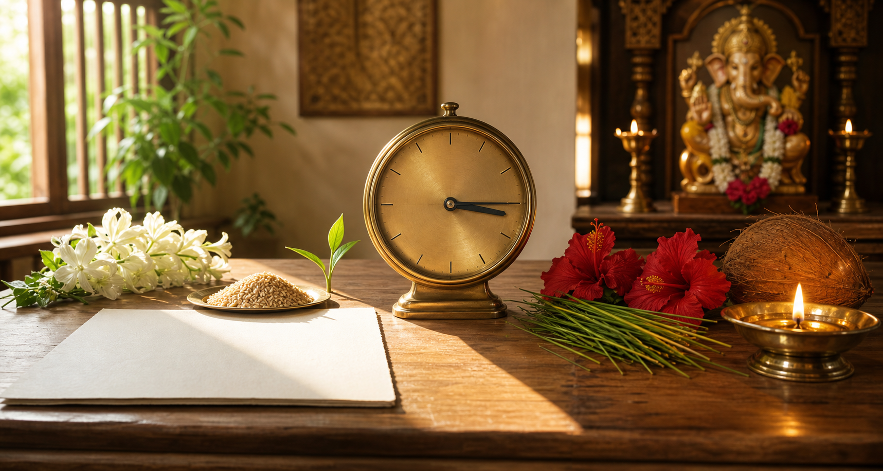 An unnumbered brass clock stands between growth-oriented items on one side and Ganesha offerings with a lit diya on the other.