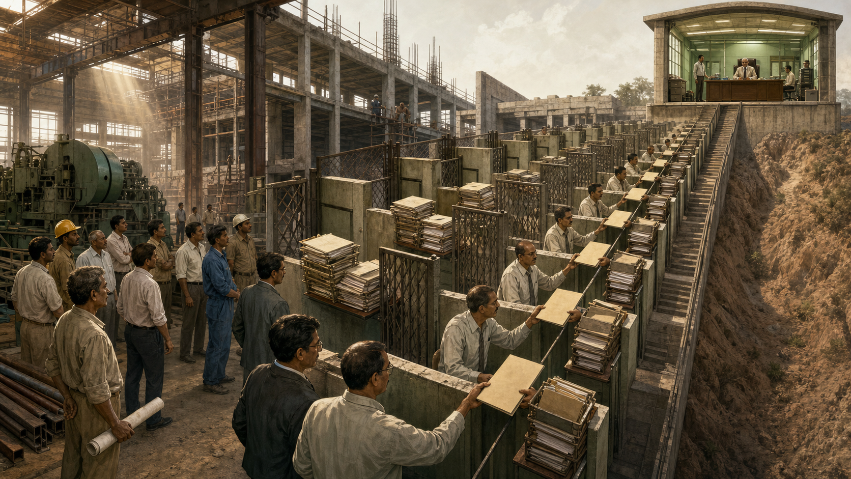 Factory workers and engineers wait beside an unfinished plant while a blank permit folder passes through a long series of administrative counters and locked gates.