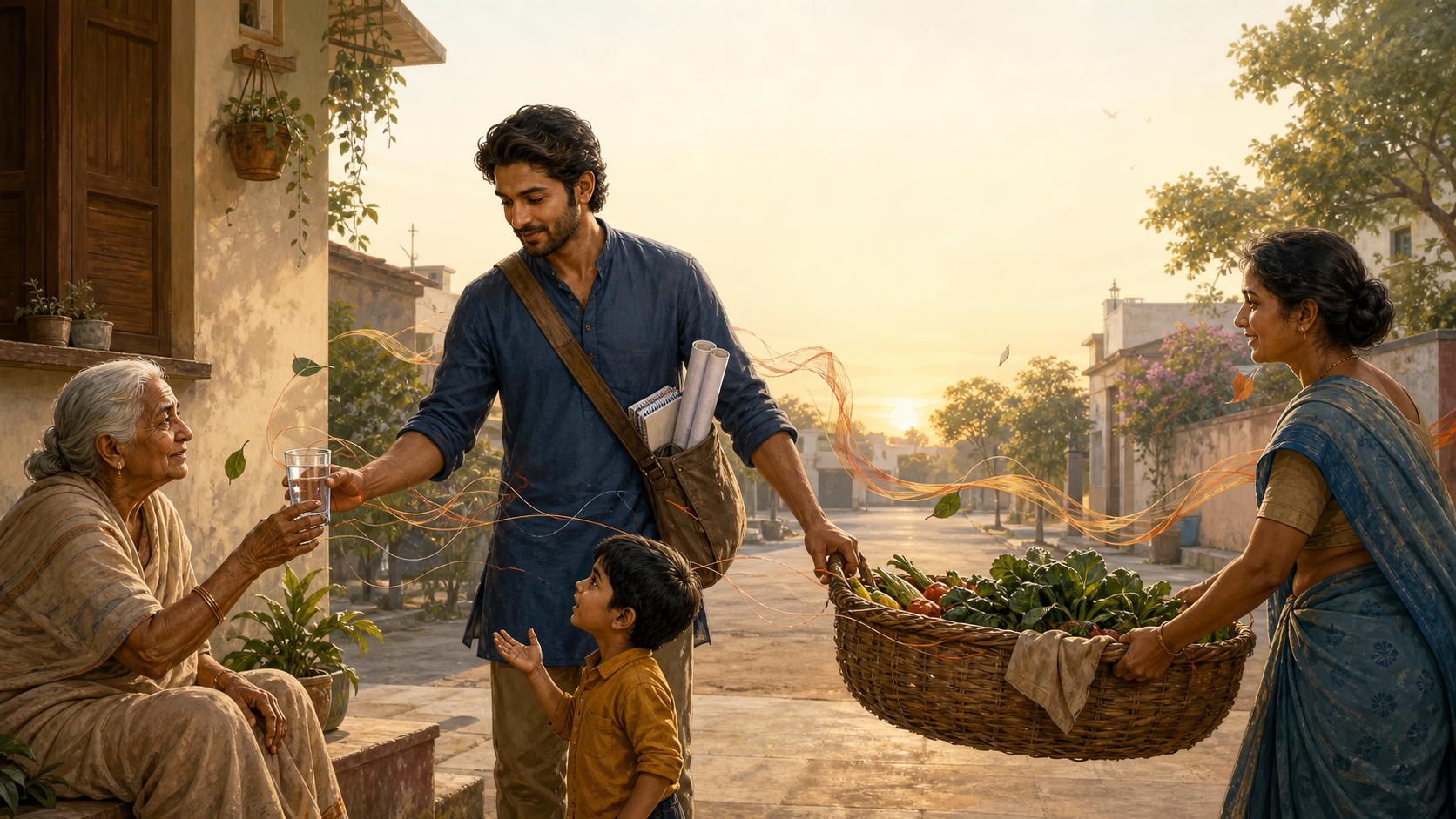 A calm adult helps family members and neighbors in a courtyard as tangled threads unwind into a circle of light around the everyday activity.