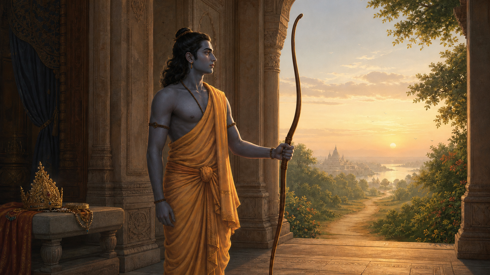 Sri Rama stands at the threshold of an Ayodhya palace in simple exile clothing, with his crown behind him and a forest road illuminated ahead.