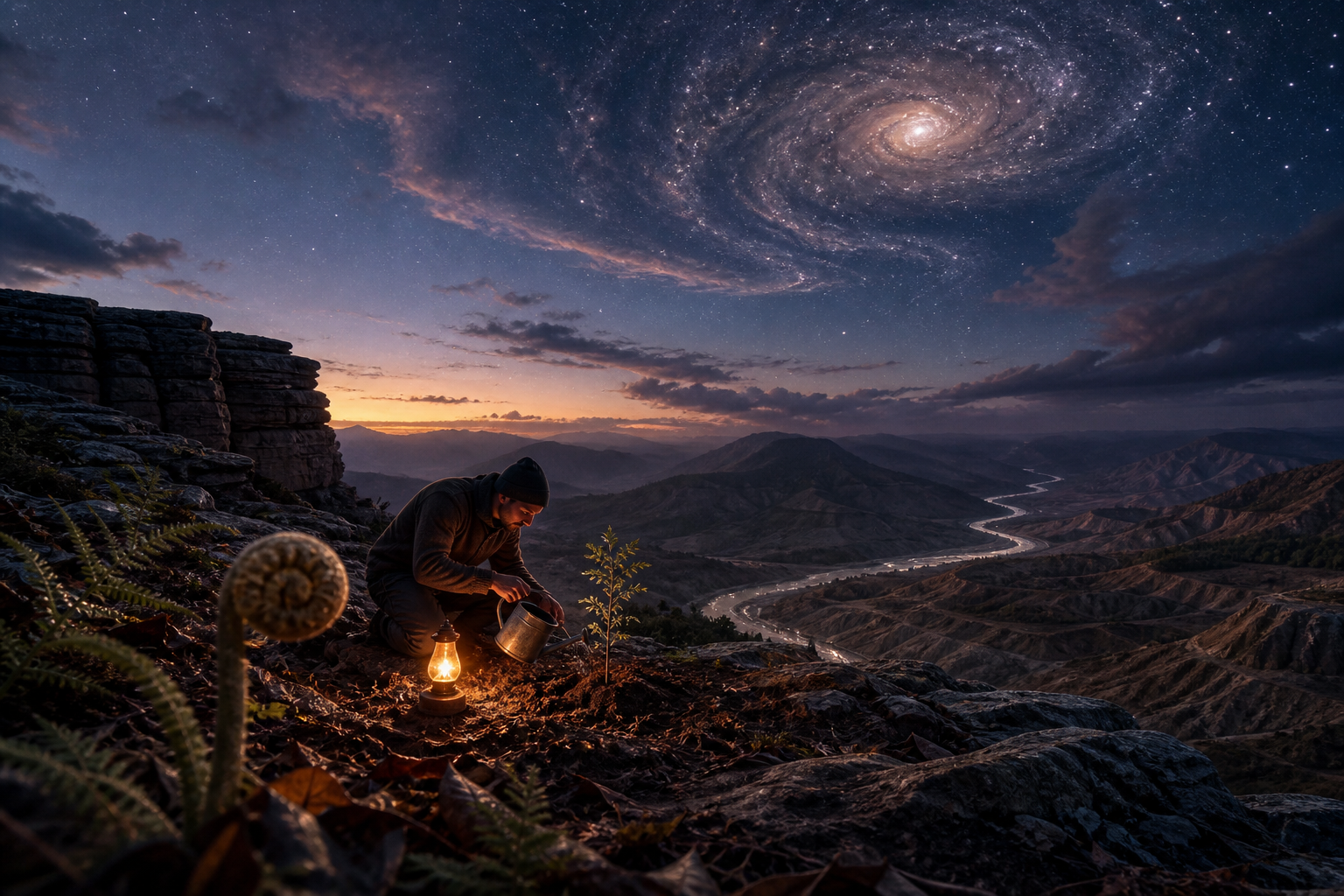 A small figure waters a sapling on a rocky plateau beneath mountains, a winding river, and an immense star-filled sky.