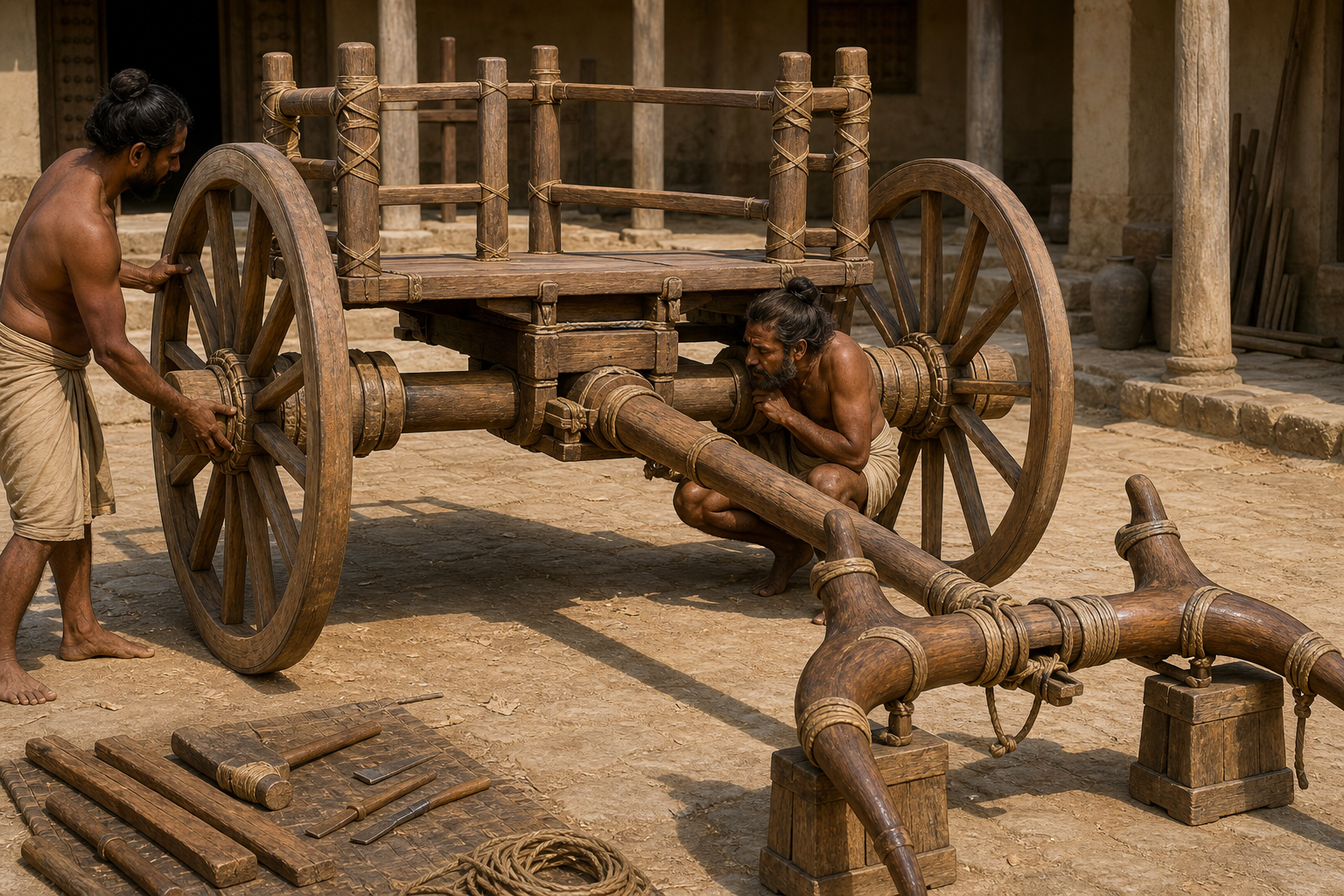 A chariot maker checks the alignment of two spoked wheels, their hubs, the axle, platform, pole, and yoke during assembly.