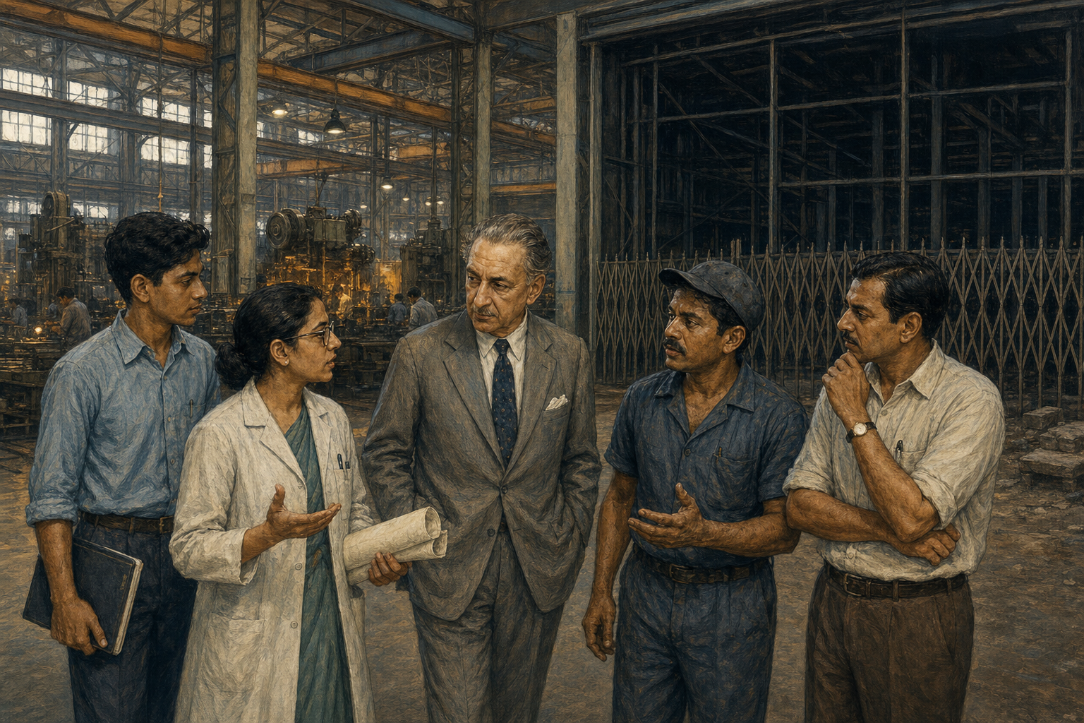 J. R. D. Tata listens to engineers and factory workers on a production floor, with operating machinery beside a dark unfinished expansion bay.