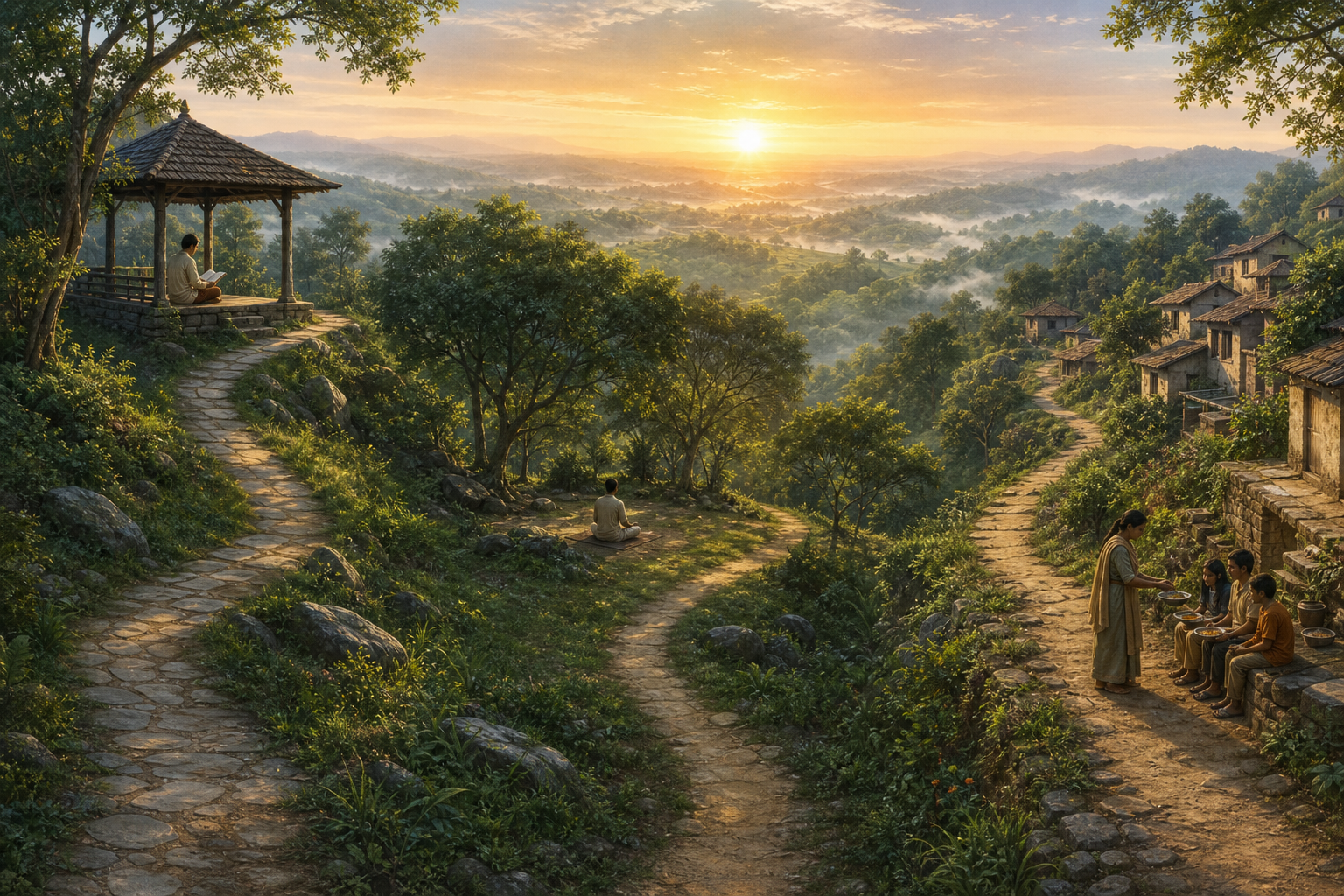 Three separate hillside paths pass a reader, a meditator, and a person serving food while each path faces the same sunrise.