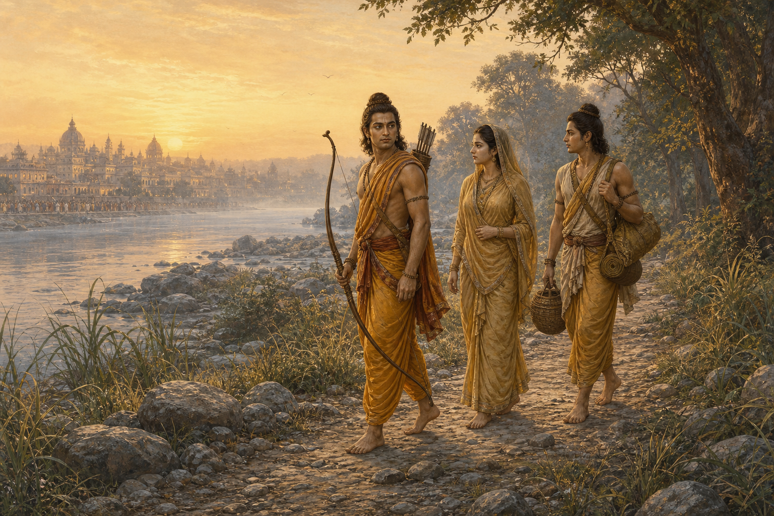 Sri Rama, Sita, and Lakshmana walk along a riverbank toward the forest while Ayodhya recedes in the distance.