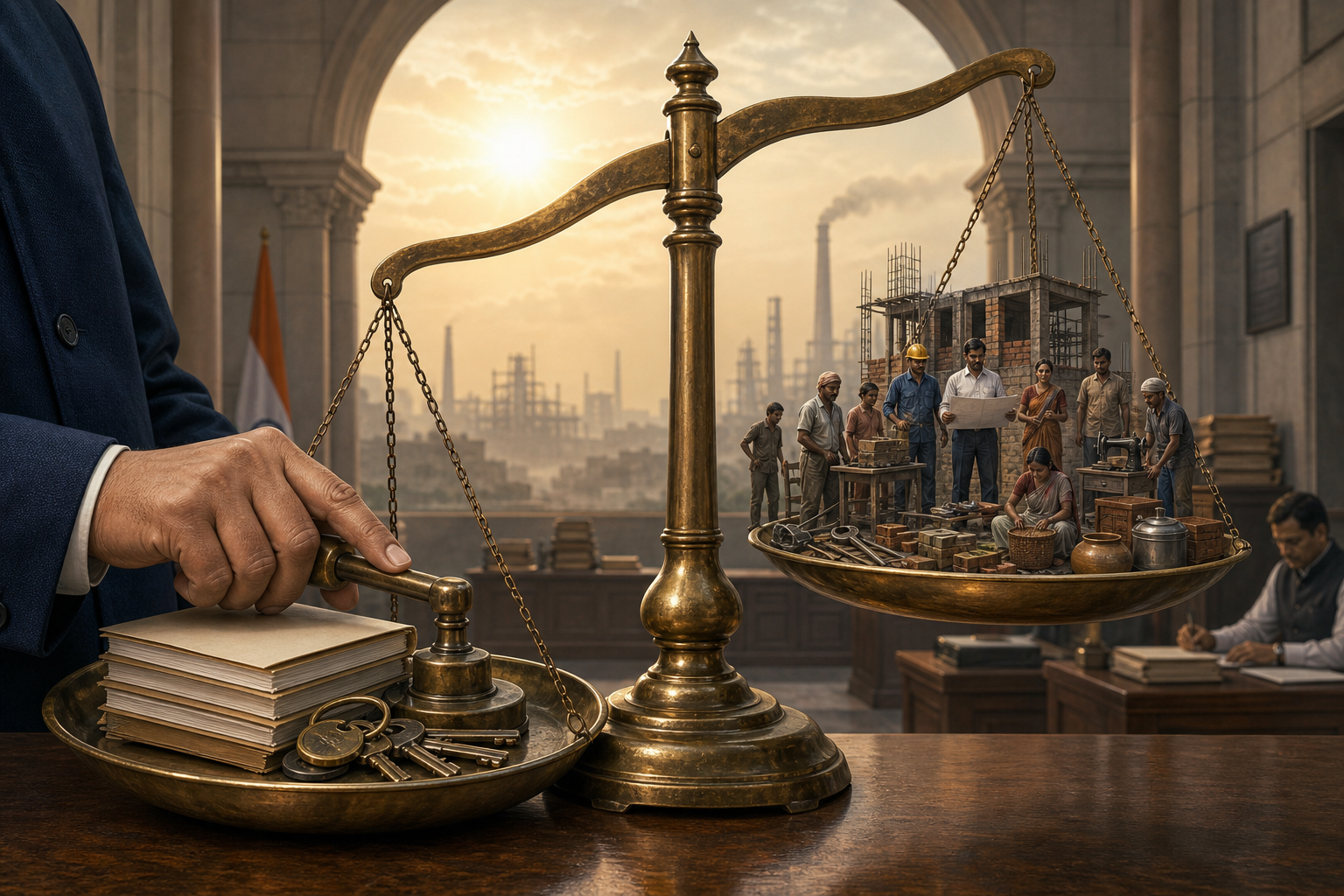 A brass balance weighs an official hand, keys, and blank permit files against workers, tools, goods, and an unfinished workshop.