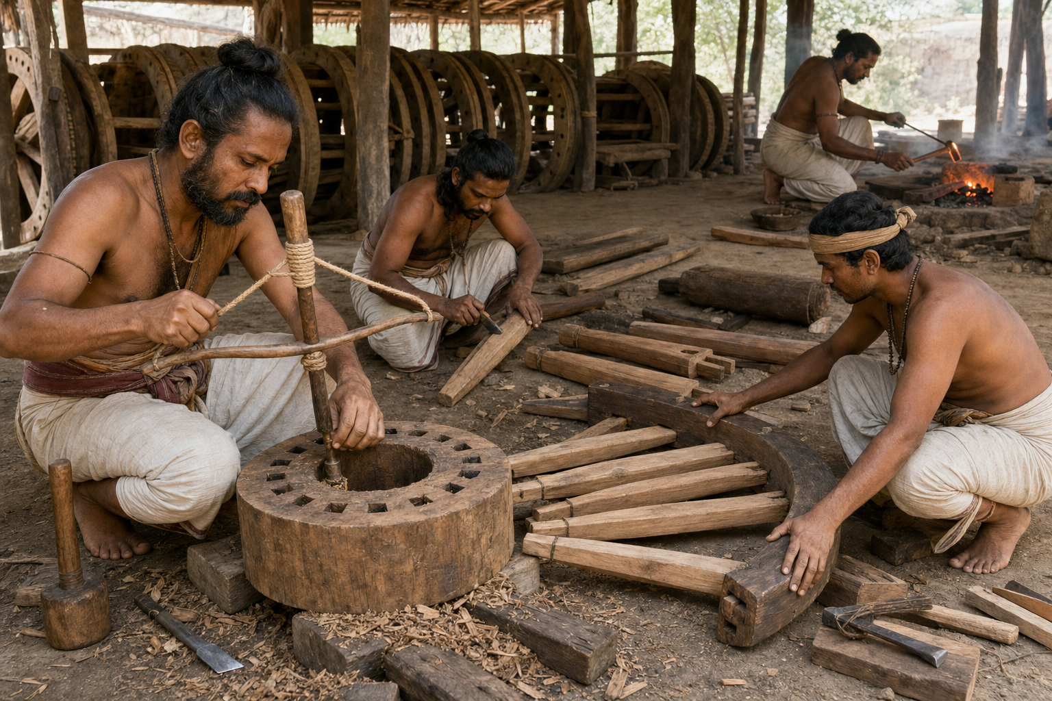 Craftspeople bore a wheel hub, shape spokes, and fit curved rim sections in a reconstructed ancient Indian chariot workshop.