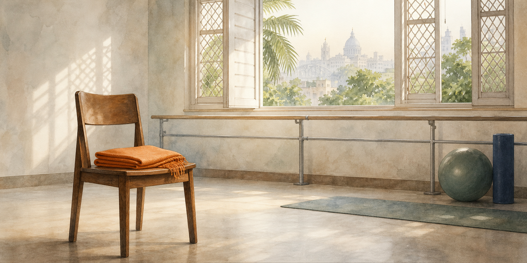A saffron-colored shawl rests on a chair in a quiet rehabilitation room lit by soft morning light.