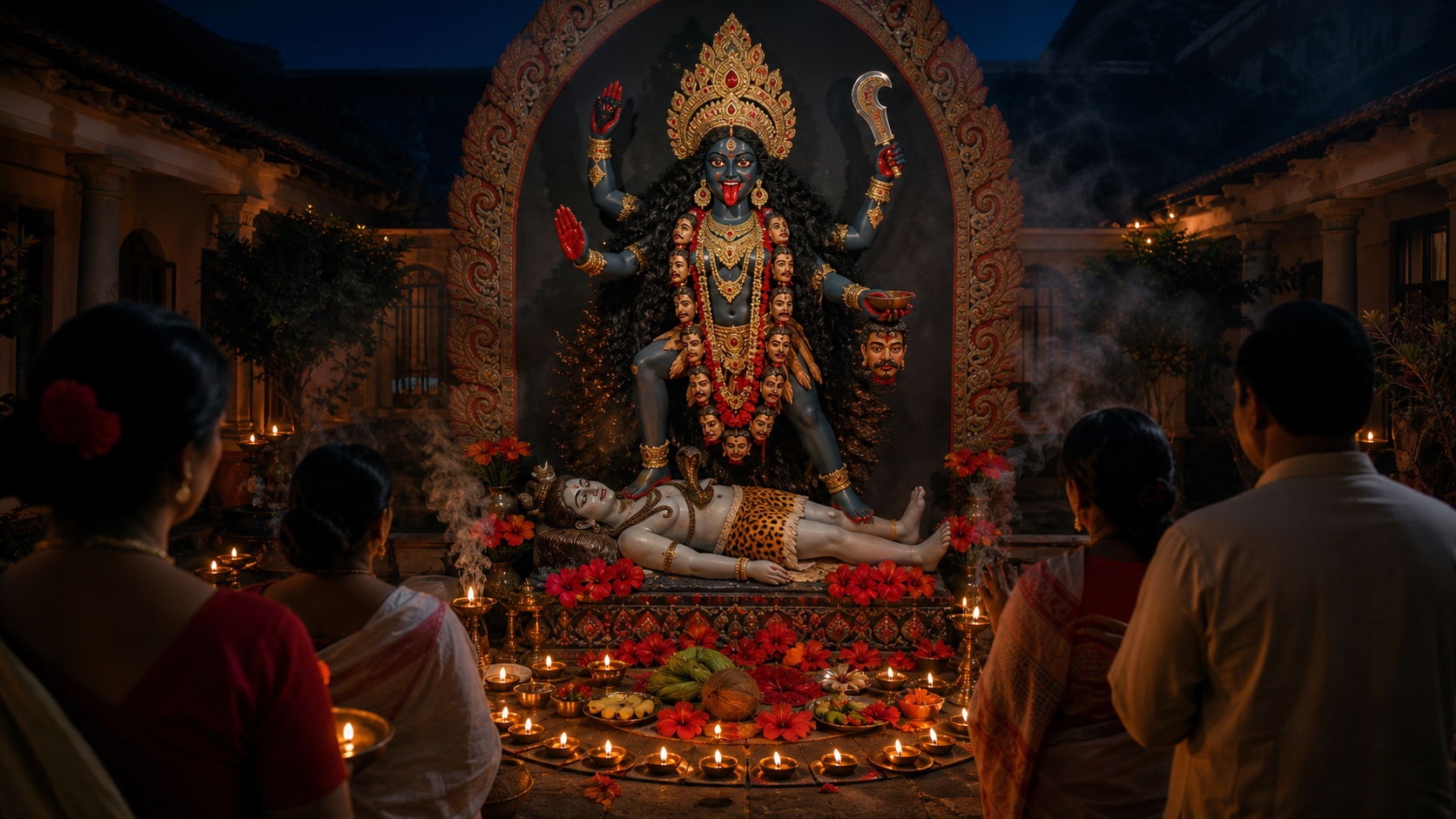 A Bengali Kali Puja shrine illuminated by earthen lamps at night, with worshippers seated before an image of Goddess Kali and offerings of hibiscus, fruit, and incense.