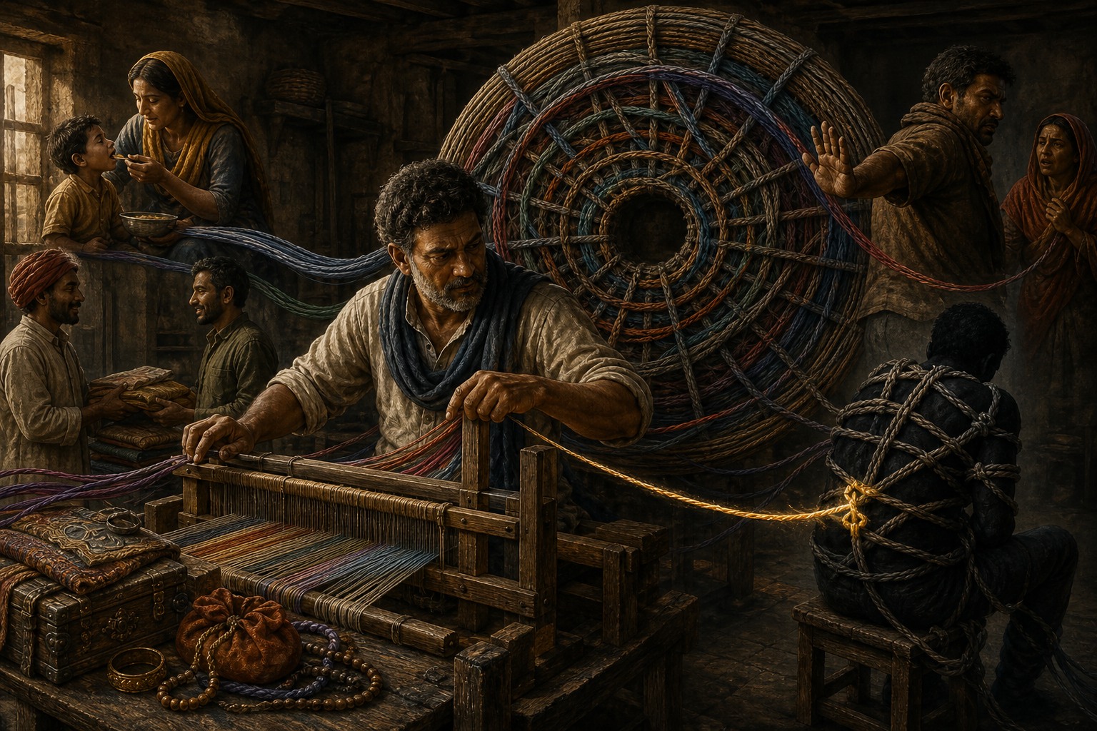 A craftsperson works at a loom where threads from everyday actions form a circular weave, with several knots and one strand loosening them.