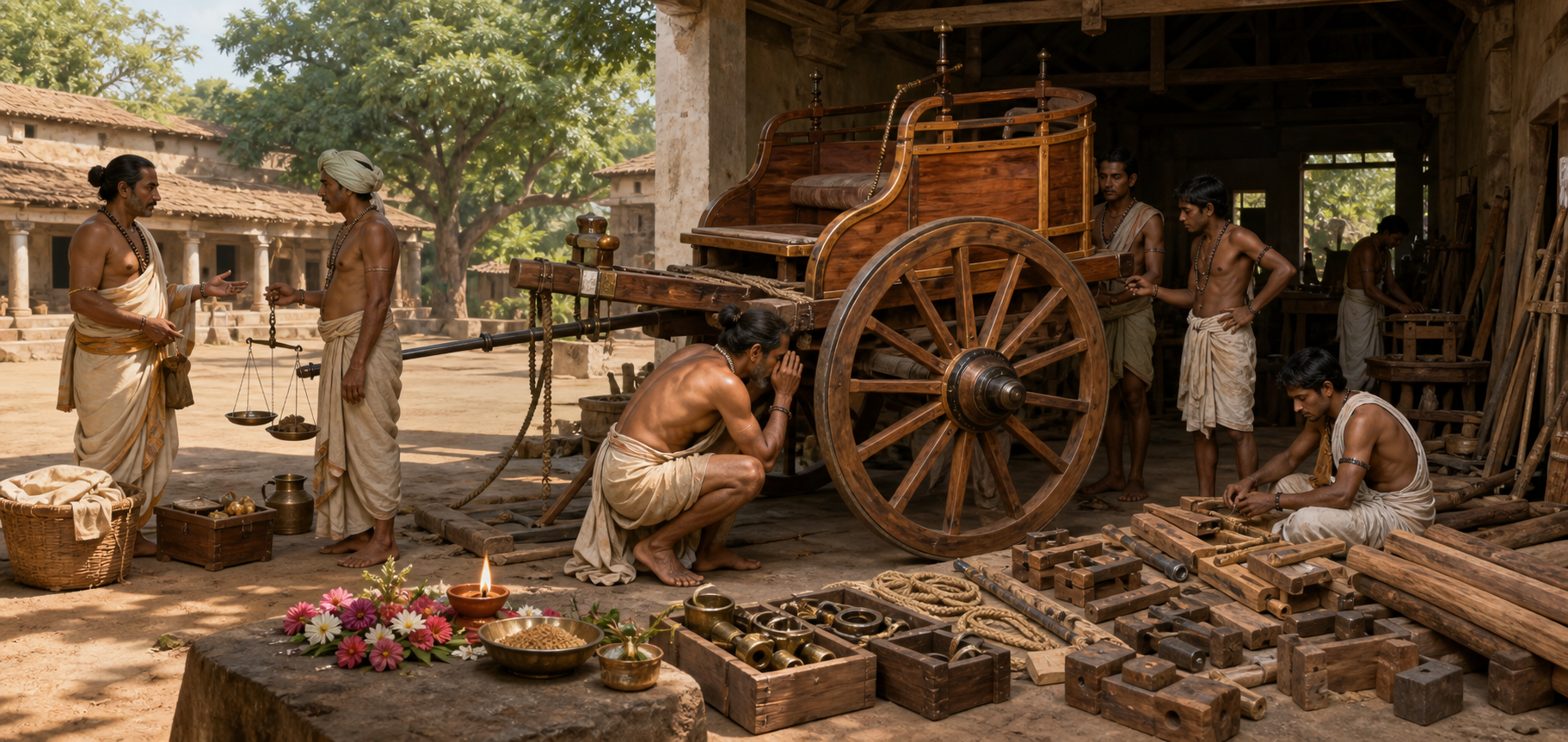 A chariot maker tests a wheel while assistants manage materials, a patron inspects the vehicle, and a small offering rests near the workshop tools.