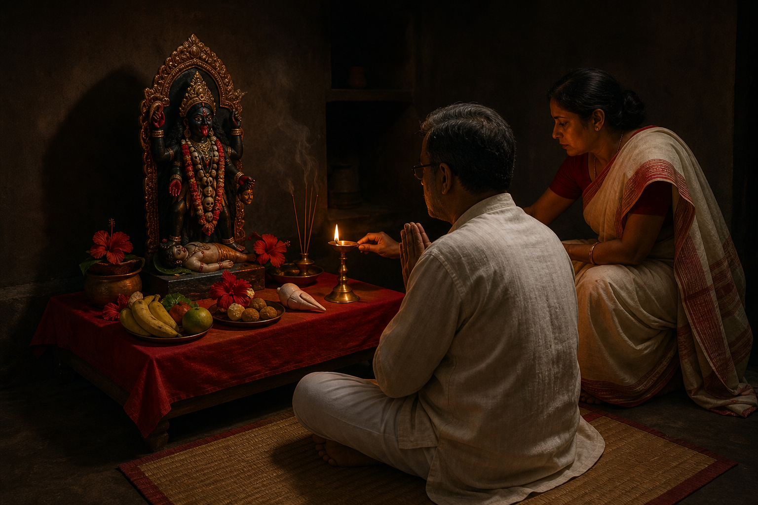 A householder sits before a simple home Kali altar with a clay image, oil lamp, hibiscus flowers, fruit, sweets, water, and incense.