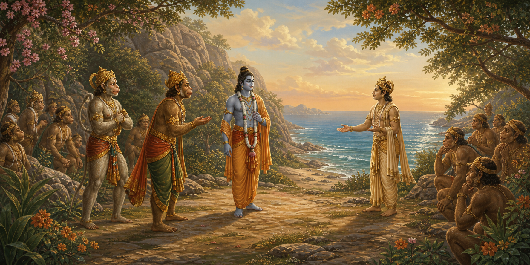 Sri Rama listens in a forest clearing as Sugriva and Hanuman approach from the mountains and Vibhishana approaches from the seashore.