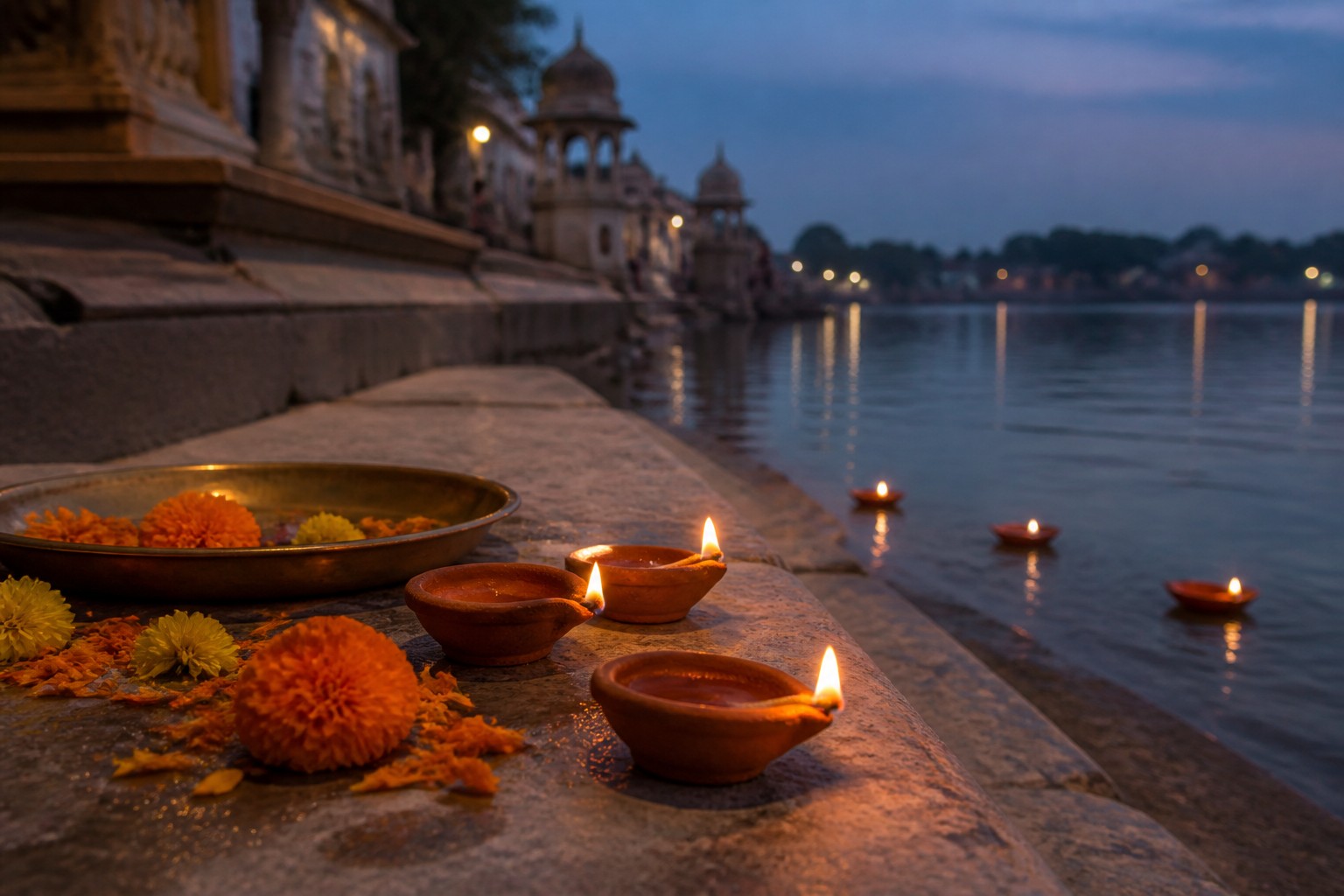 Terracotta oil lamps glow on a flower-decorated threshold overlooking a riverside temple ghat with floating lamps at twilight.