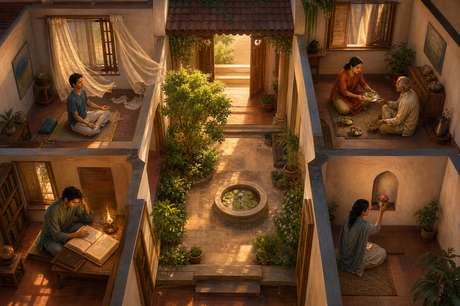 Four connected rooms show people meditating, serving a meal, studying beside a lamp, and offering a flower in quiet devotion.