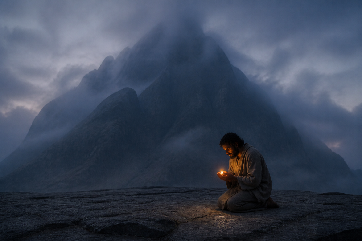 A kneeling pilgrim protects a small clay lamp on a stone plateau beneath a vast misty mountain at dawn.