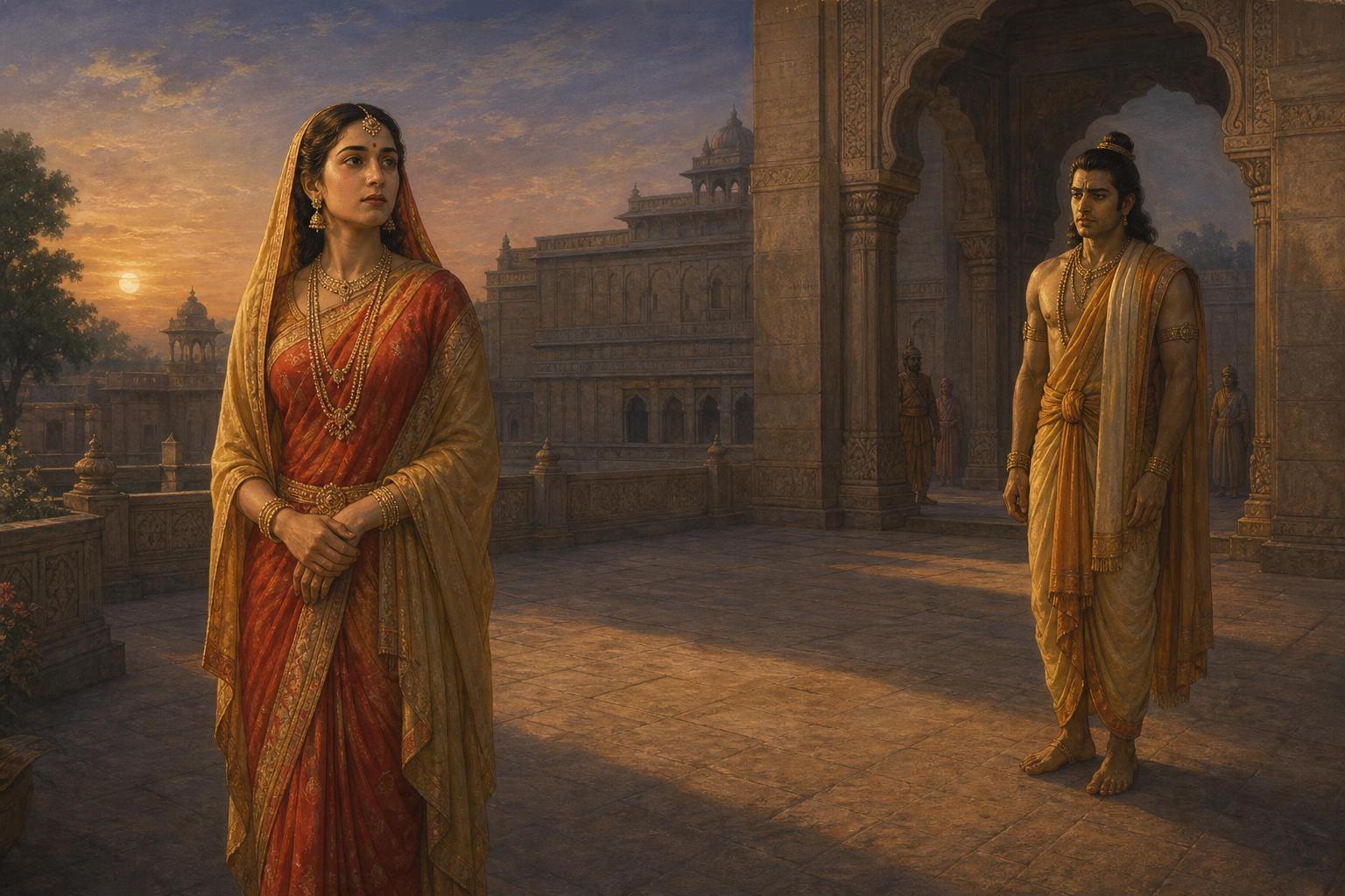 Sita and Sri Rama stand apart in a palace courtyard at dusk, both solemn as a band of shadow lies between them.