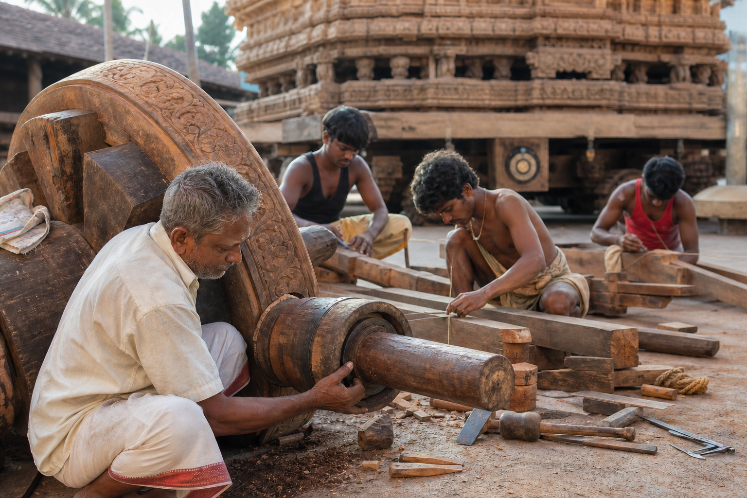 Present-day Indian craftspeople inspect a temple chariot wheel and shape replacement wooden parts beneath its carved timber superstructure.