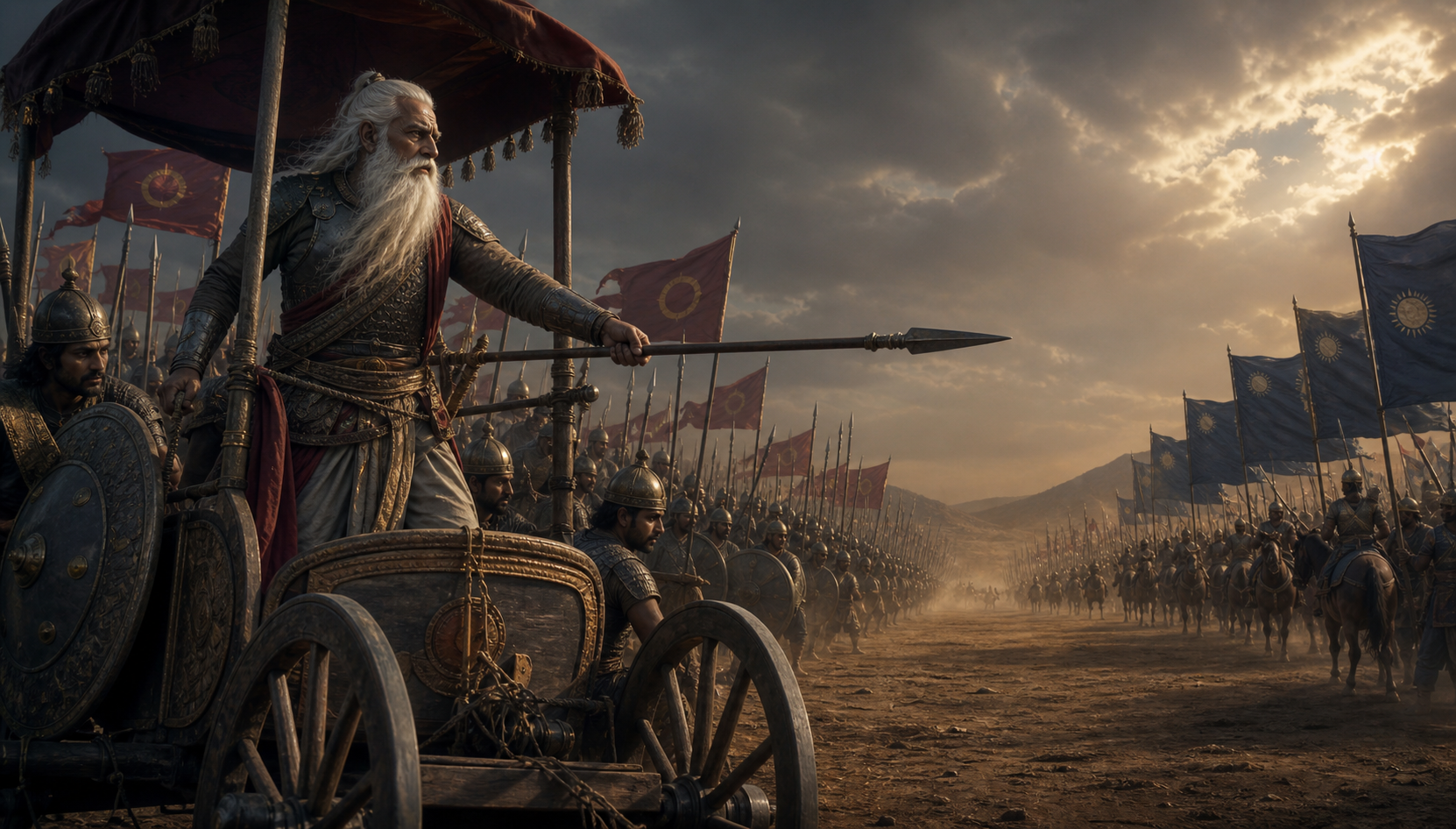The elderly Bahlika Raja leads armored soldiers from a chariot as two opposing formations meet on a dusty battlefield.