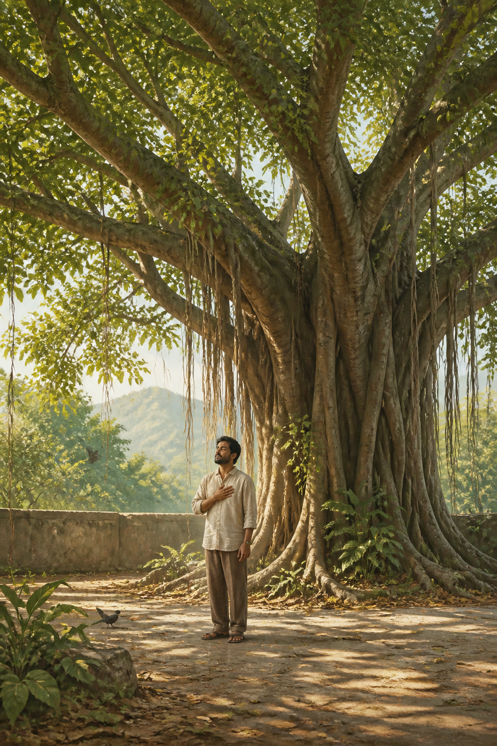 A calm person stands beneath the spreading canopy of a large banyan tree in a quiet courtyard.